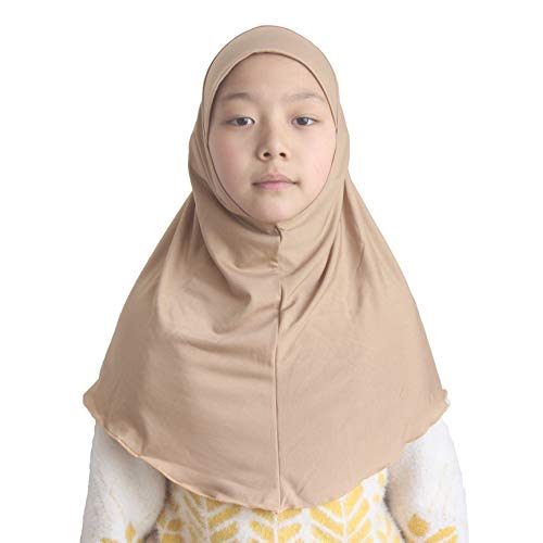 Girls Hijab Muslim Scarf for Kids – Ready to Wear, Solid Color, Soft & Breathable Daily Headwear for Ages 6-11 - color: Camel