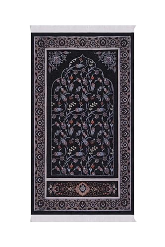 SODEF Prayer Rug Special Woven Tile Tulip Design 25.6x43.3 in Cotton Non-Slip Backing Washable Travel Home Decor Black Multicolor - Black, 26x43 inch