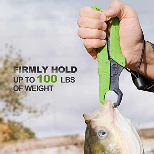 7.5'' Floating Fish Gripper, Fishing Grabber | Catfish Mouth Pliers, Caught Bass Holder, Fish Scale Hook Clamp, Saltwater Lip Grip Tool with Lanyard, Gifts for Men - color: Green-gray