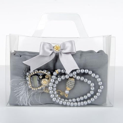 Premium Hijab Gift Set – 3-Piece Muslim Set with Chiffon Scarf, Prayer Beads (Tasbih) & Zikr Counter - color: Gray