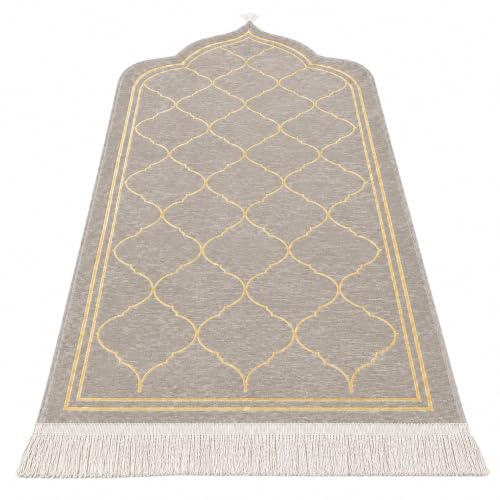 Luxury Velvet Islamic Prayer Mat for Adults, Thick Soft Muslim Prayer Rug with Non-Slip Backing, Large Janamaz Prayer Carpet for Men & Women, Ramadan Eid Hajj Umrah Gift, (Beige) - color: Beige
