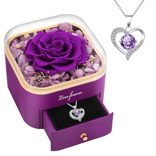 Beferr Birthday Gifts for Women Preserved Real Rose with Necklace Eternal Purple Roses Forever Flowers for Delivery Anniversary Mothers Day Flower Gifts for Mom Wife Grandma Daughter Her Girlfriend - color: A Purple