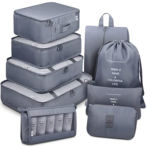 Mossio 9 Set Packing Cubes with Shoe Bag & Electronics Bag - Luggage Organizers Suitcase Travel Accessories - color: Grey