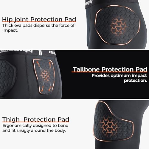COOLOMG Youth Football Girdle 5 Pad Football Compression Shorts with Cup Pocket Integrated Hip Tailbone Thigh Pads - color: Black, size: Small