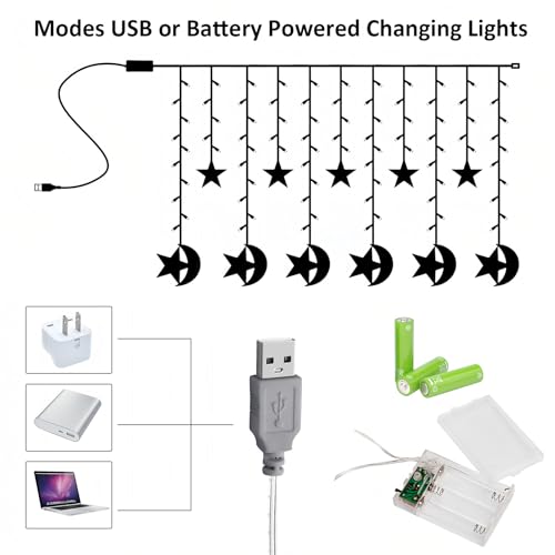 Moon and Star LED Curtain Lights, 8.2ft Christmas Decorations Indoor String Lights, Twinkle Fairy Light for Bedroom,Ramadan Decor, Battery Operated or USB Plug-in, Warm White