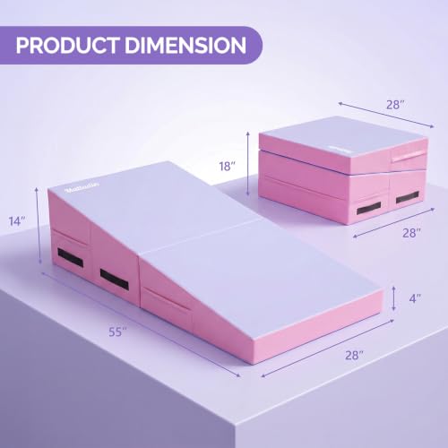 Folding Gymnastics Cheese Wedge Incline Mat, Gym Fitness Tumbling Skill Shape Mat for Kids Girls Home Training Exercise - color: Light Pink + Light Purple