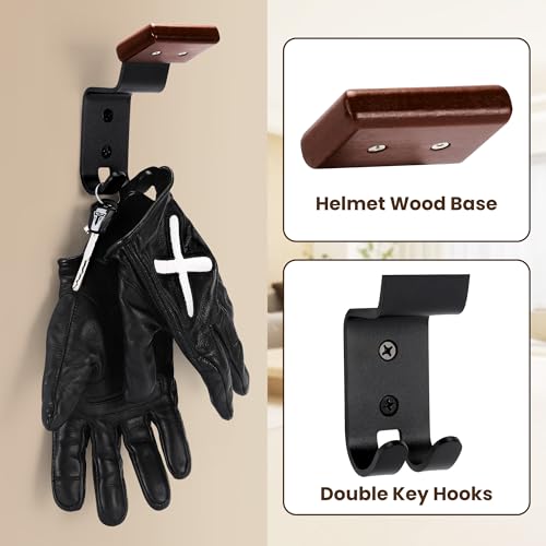 Motorcycle Helmet Holder Wall Mount - Solid Wood & Steel 1 Pack | Gear Organizer Rack with 2 Hooks, Heavy Duty Display Hanger for Helmets, Football Gear, Ski Equipment, Hats, Jackets