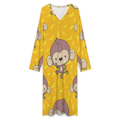 Banana And Monkeys Men's Kaftan Thobe Long Sleeve Robe V Neck Casual Gown - size: 4X-Large