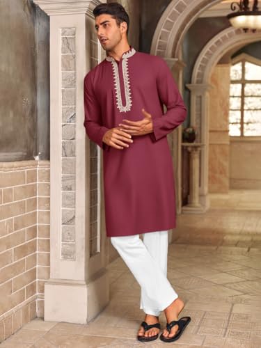 Runcati Mens Kaftan Thobe Cotton Henley Shirt Long Sleeve Embroidery Robe Casual Kurta Muslim Gown Shirt - color: Burgundy, size: Large