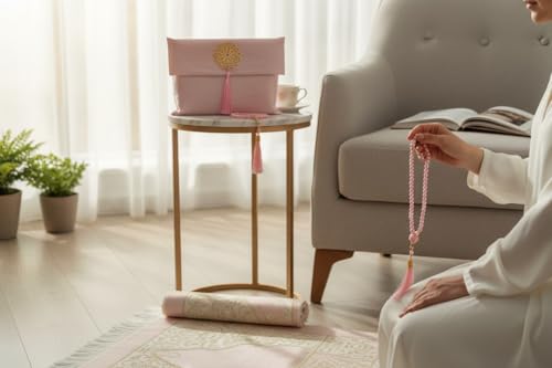Muslim Prayer Rug and Beads with Elegant Slub Fabric Bag | Janamaz | Sajadah | Soft Islamic Prayer Rug | Islamic & Mawlid Gifts | Prayer Carpet Mat, Taffeta Fabric (Pink, 1 Sets) - color: Pink, size: 1 Sets