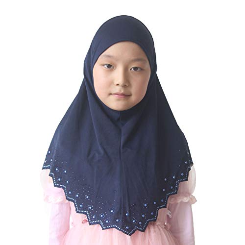 Girls Hijab with Rhinestones – Sparkly Non-Slip Amira Scarf for Kids, for Daily Prayer, School, Ramadan & Eid (Ages 4-12) - color: Navy Blue