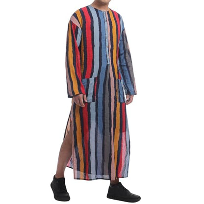 IWEMEK Muslim Thobe for Men Striped Kaftan Thobe with Pockets Saudi Arabic Robe Button up Dubai Abaya Caftan Ramadan Clothes - color: Red, size: 5X-Large