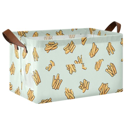Ollabaky Collapsible Rectangular Closet Storage Bin French Fries Food Pattern Shelf Basket Box with Leather Handles - Storage Cube, Nursery Storage, Laundry Hamper