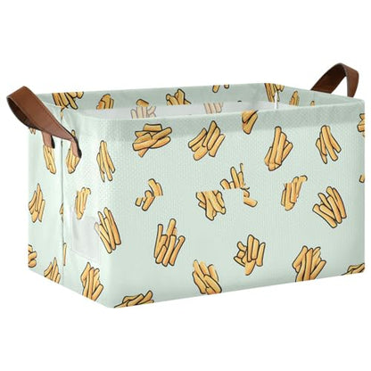 Ollabaky Collapsible Rectangular Closet Storage Bin French Fries Food Pattern Shelf Basket Box with Leather Handles - Storage Cube, Nursery Storage, Laundry Hamper