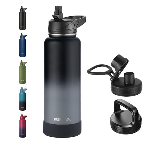 RUBYFLASK 40 oz Insulated Stainless Steel Water Bottle with Straw | 3 Lids, Wide Mouth, Metal Vacuum Leakproof Water Jug Flask and Handle, Large Thermal Cup with Silicone Boot, Blackgrey - color: N-Black Gray, size: 40 Ounces
