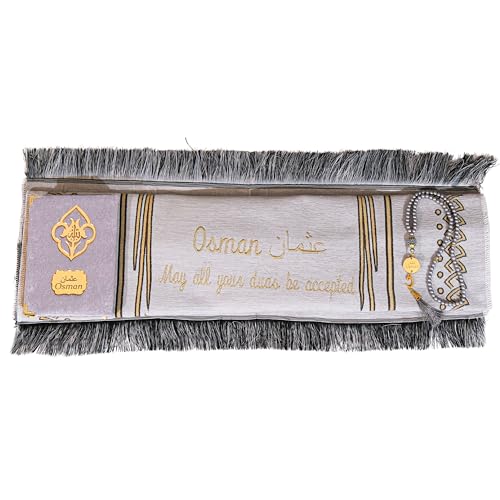 IEF Personalized Embroidered Prayer Rug Prayer Beads Yaseen Dua Book Quran Islamic Gift Set Ramadan Eid Hajj Umrah Wedding Birthday Mother's Day Father's Day Valentine's Day Gifts (Gray) - color: Gray