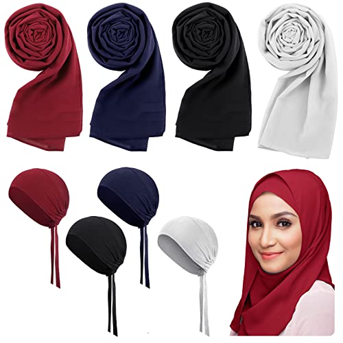 4 Pcs Women Chiffon Scarves 4 Pcs Hijab Caps Long Shawl Soft Wrap Scarves Islamic Muslim Underscarf Turban Caps Sleep Hats - color: Cool Colors