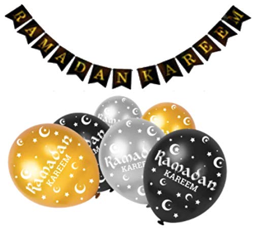 Ramadan Kareem Eid Mubarak Decorations Bunting Banners Kullu am wa antum bikhair Balloons Latex Islamic Balloons Birthday Party Black, Gold, Silver Balloon Banners Latex 12" each (Black+15pcs)