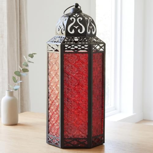 Vela Lanterns Decorative Indoor Candle Holder Table Centerpieces - Moroccan Hanging Outdoor Patio & Porch Home Decor, Turkish Floor Lamp for Wedding, Ramadan (Extra Large 16", Red Glass) - color: Black/Red, size: Extra Large