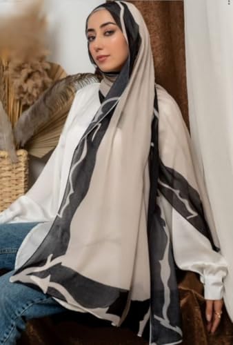 Hijab Modest and Elegant | Beautifully Designed Printed Chiffon Patterns | Muslim Women Head Scarf and Veil - color: Black B