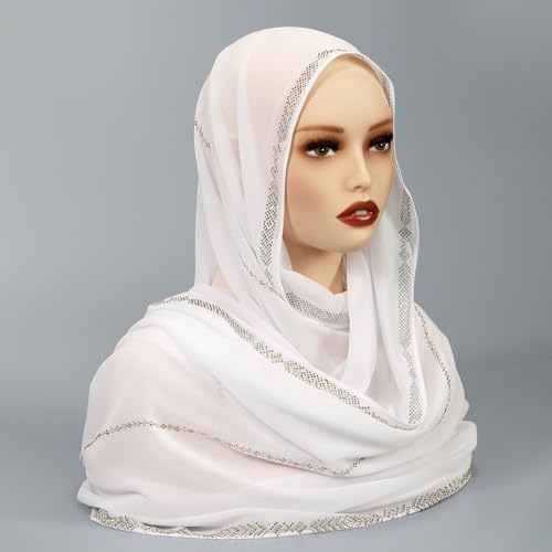Premium Chiffon Hijab Rhinestone Long Scarf Shawl Wrap for Women Head scarf for Muslim Wedding Party Gift Packed - color: 002wavy White