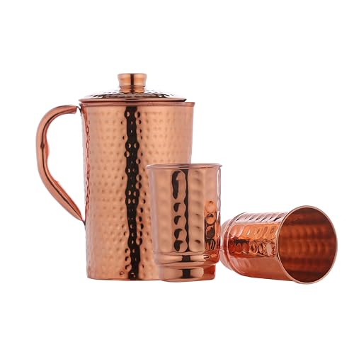 Copper Pitcher with 2 Copper Cups Set | Pure Copper Water Jug & matching tumblers Set for Home & Wellness, Hammered Finish Handcrafted for Daily Hydration & Natural Living