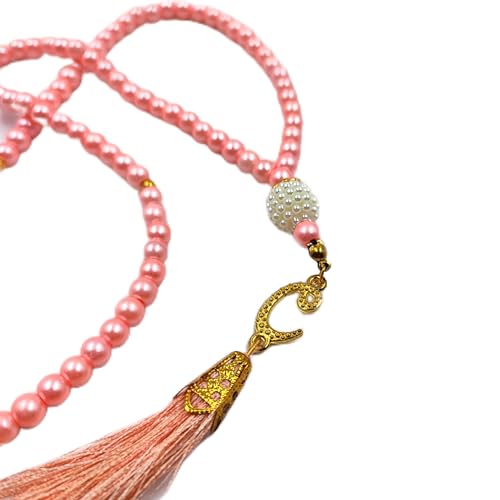 BAYKUL Muslim Prayer Beads 99, Islamic Rosary with Silver Allah Muhammad Engraved Tasbih, Zikr Namaz Worship Ramadan Tesbih Bracelet - color: Pink Pearl