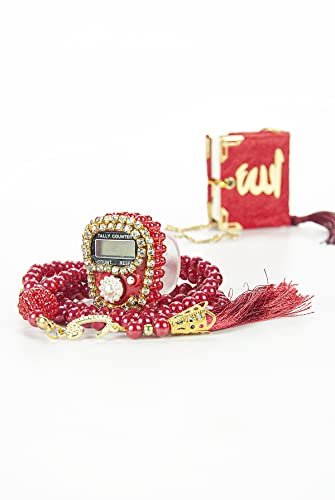 İhvan Online Mini Velvet Quran Set with Islamic Finger Counter, Portable Digital Tasbeeh, Muslim Prayer Beads, Pearl Zikirmatic Beads, 3 Pieces Gift Set for Mevlüt (Burgundy) - color: Burgundy