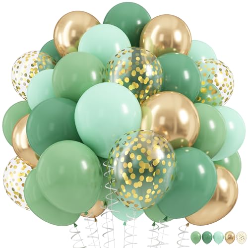 Sage Green Balloons Set, 60Pcs 12 Inch Olive Macaron Pastel Green Balloons with Metallic Confetti Gold Jungle Latex Balloon for Birthday Party Woodland Safari Baby Bridal Shower Decorations Supplies - color: Green Gold, size: 12 inch 60pcs