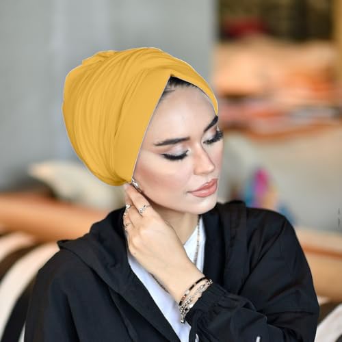 para life Dubai Turbans for Women, Breathable Instant Turban|Std Size Stretchable Cotton|Hijab Cap&Undercap - color: Mustard
