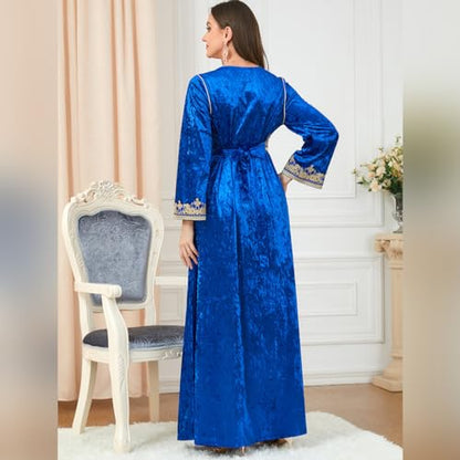 IDOPIP Muslim Women Velvet Dress Embroidery Abayas Long Sleeve V-Neck Moroccan Maxi Kaftan Dubai Robe Arabic Islamic Clothing - color: Royal Blue, size: Medium