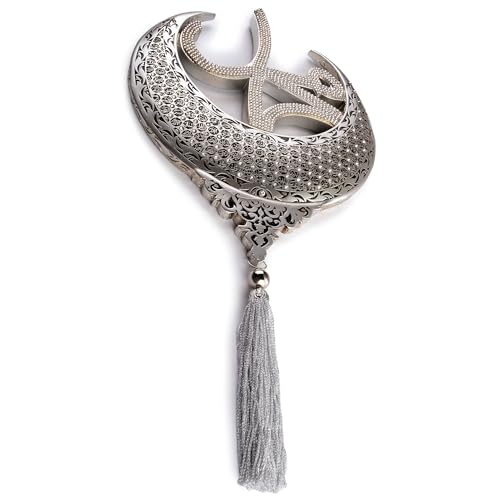 Islamic Wall Hanging Decor Housewarming Gift with Tassel - Allah and Muhammad Crescent Set - ESMA (Silver) - color: Silver