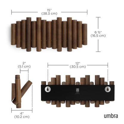 Umbra Picket Coat Rack, Wall Mount 5 Flip-Down Coat Hooks, Walnut | Beveled pine wood dowels, supports up to 5 lbs, mounting hardware included, space saving - color: Walnut, size: 5-Hook