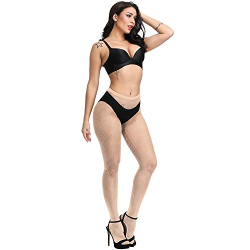 Bestjybt Womens Fishnet Tights High Waist Mesh Fish Net Stockings Pantyhose | Cool Pattern, Sexy, Perfect For Daily Use, Costume Halloween Cospaly, Versatile, Stretchy, Non-Itchy, Great Fit - color: Nude