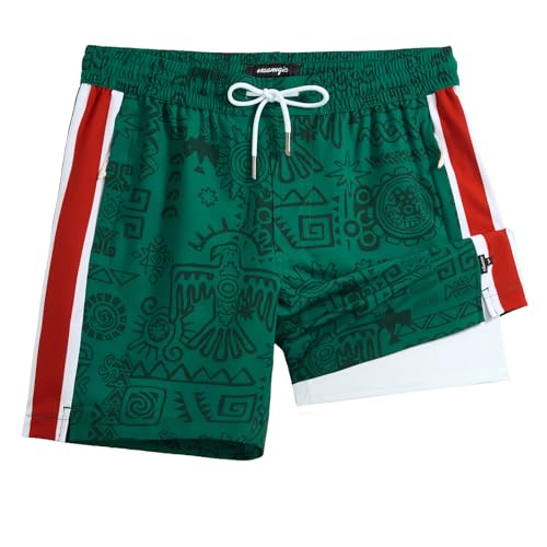 maamgic Mens Swim Trunks - Mens Bathing Suit with Compression Liner 7 Inch Quick Dry Fshion Stretch Zipper Pockets Swimwear - color: Red Green-white, size: Medium