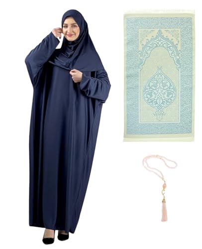 Prien Women Prayer Dress With Hijab Rug Tasbih Muslim Set Islamic Clothes Abaya Jilbab Dubai Kaftan For Eid Ramadan - color: Navy Blue
