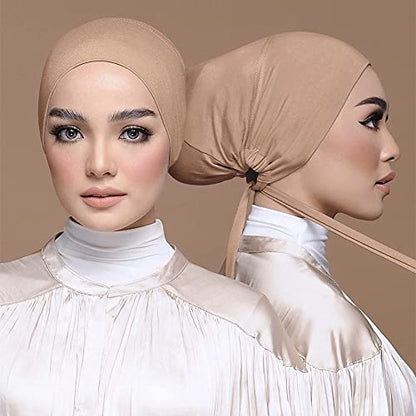 Women Under Scarf Hat Hijab Undercap Islamic Muslim Under Scarf Hijab Cap with Tie-Back Closure - color: Black+coffee