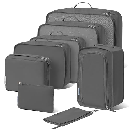 (Not Made In China) 8 Piece Packing Cube Set, Luggage Organizer Bags for Suitcases, Travel Bags, Space Saving Clothes Organizers for Carry On and Checked Luggage - color: Pewter