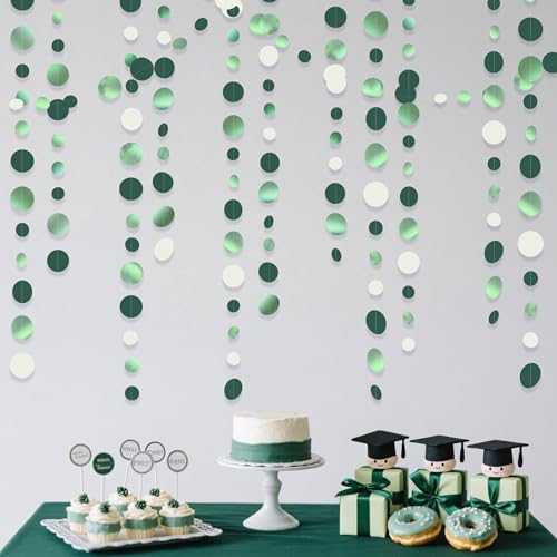 46 Ft Sage Green Party Decorations Metallic Sage Green White Polka Dots Garlands Hanging Paper Circle Dots Streamer for Birthday Engagement Graduation Wedding Party Decorations Supplies - color: Metallic Sage Green