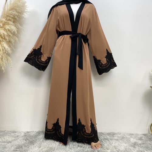 AFAVOM Women Turkey Abaya Islamic Muslim Prayer Dress Embroidered Cardigan Kaftan Dubai Robe Casual Turkish Modest Dress - color: Brown, size: XX-Large