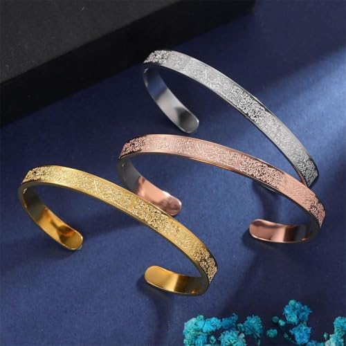 Ayatul Kursi Exquisite Stainless Steel Bracelet Islamic Muslim Quran Verse Calligraphy Ramadhan Festival Cuff Bracelet Men Arabic Calligraphy Messenger Jewelry Gift - color: silvery