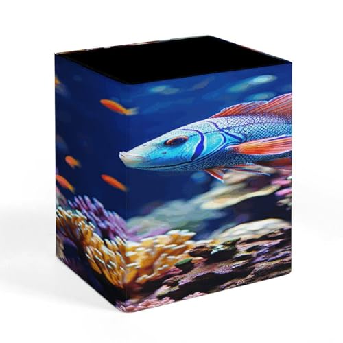 Coral Reef Fish Aquarium Square Pen Holders Classical Design Pencils Holders Makeup Brush Holders Leather Pen Holder Cup Desktop Stationery Organizer for Office Supplies