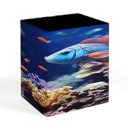 Coral Reef Fish Aquarium Square Pen Holders Classical Design Pencils Holders Makeup Brush Holders Leather Pen Holder Cup Desktop Stationery Organizer for Office Supplies