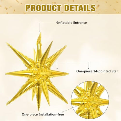 6 Pcs Gold Star Foil Balloons One-Piece 14-Pointed Star Balloon 4D Starburst Cone Mylar Balloon 22inch Christmas Birthday Wedding Wedding Anniversary Party Supplies (22&27 Inches Gold) - color: 22&27 Inches Gold