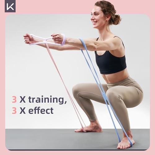Keep 3-Pack Figure 8 Resistance Bands - 15 lbs Stretch Exercise Cords for Arm Toning, Yoga & Pilates - Durable Non-Slip Fitness Bands Set for Women & Men (15 lbs Pink/Purple/Blue)