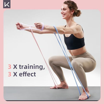 Keep 3-Pack Figure 8 Resistance Bands - 15 lbs Stretch Exercise Cords for Arm Toning, Yoga & Pilates - Durable Non-Slip Fitness Bands Set for Women & Men (15 lbs Pink/Purple/Blue)