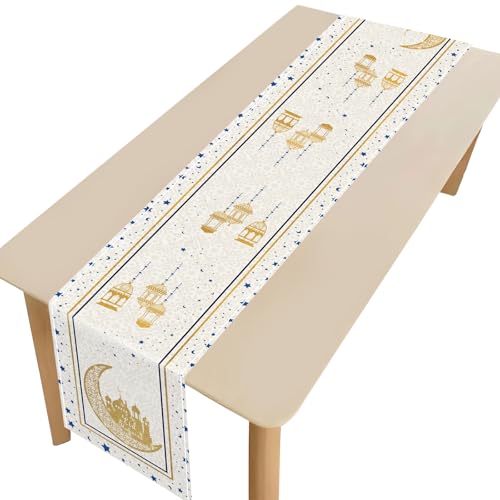 Eid Mubarak Table Runner Decoration, Ramadan Mosque Gold Moon Stars Islamic Happy Holiday for Dining Party Table Decorations Home,13x72 Inches (Beige)