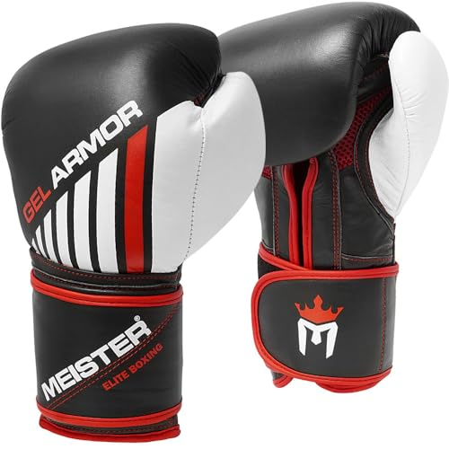 Meister Gel Armor 473.2ml(16온스) 트레이닝 복싱 장갑, 풀 그레인 가죽 + 메시 드로스트링 백 포함 | Built for heavy hitting with gel-lined impact foam protection, secure oversized wrist support and breathable palm