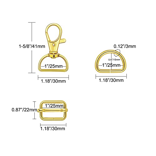 WAFJAMF Metal Snap Hook Ring Bulk 30 Pcs, Swivel Clasp Buckle and Non-Welded D Ring 10 Pcs, Adjustable Rectangular Buckle (1' Inside Width - Gold) - color: Gold, size: 1” Inside Width
