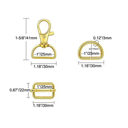 WAFJAMF Metal Snap Hook Ring Bulk 30 Pcs, Swivel Clasp Buckle and Non-Welded D Ring 10 Pcs, Adjustable Rectangular Buckle (1' Inside Width - Gold) - color: Gold, size: 1” Inside Width